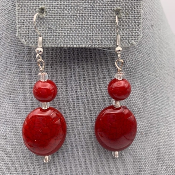 Set of Two NWOT Vibrant Speckled Red Long Beaded Dangle Earrings - Picture 2 of 6